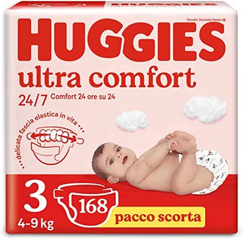 Huggies Pannolini Ultra Comfort, Taglia 3 (4-9 Kg), Confezione da 168 Pannolini (56x3)