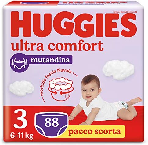 Huggies Ultra Comfort Pannolino Mutandina, Taglia 3 (6-11 Kg), Confezione da 88 Pannolini (44x2)