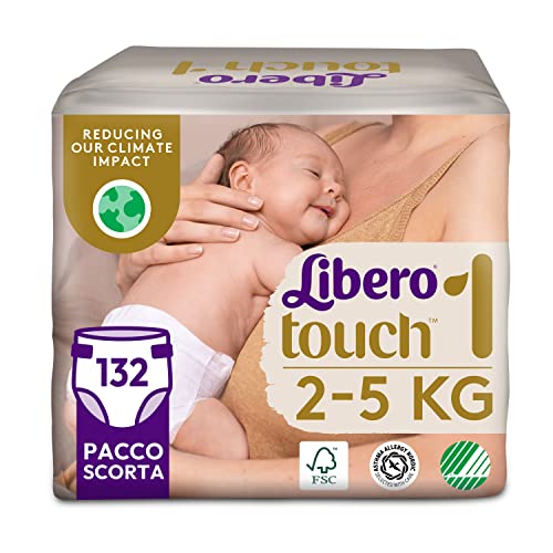 Libero , Pannolini Touch Open per Bambini, 132 Pannolini Taglia 1 per Bambini da 2-5 Kg, 6 Confezioni da 22 Pannolini Monouso