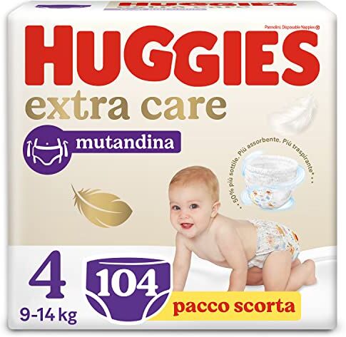 Huggies Extra Care, Pannolini Taglia 4 (9-14 kg), Mutandina traspirante, Pacco Scorta, 104 Pz