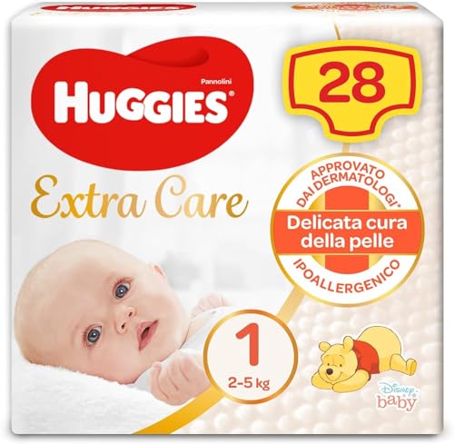 Huggies Pannolini Extra Care Bebè, Taglia 1 (2-5Kg), Confezione da 28 Pannolini