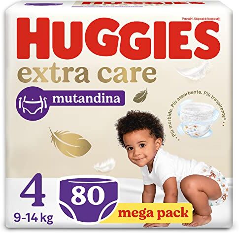 Huggies Extra Care, Pannolini Taglia 4 (9-14 kg), Mutandina traspirante, Pacco Mega, 80 Pz