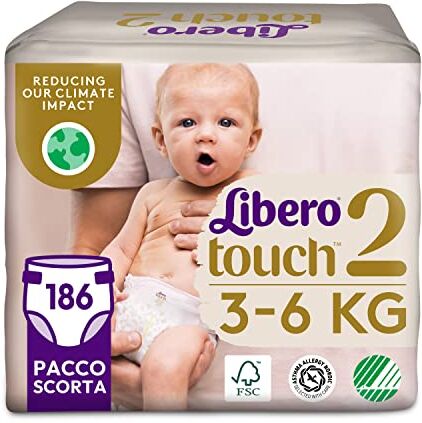 Libero , Pannolini Touch Open per Bambini, 186 Pannolini Taglia 2 per Bambini da 3-6 Kg, 3 Confezioni da 62 Pannolini Monouso