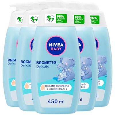 NIVEA Baby Detergente Soffici Bolle Bagnetto Docciaschiuma per Bambini Delicato con Estratti di Fiori di Tiglio e Camomilla 5 Flaconi da 450ml NIVEA Baby Detergente Soffici Bolle Bagnetto Docciaschiuma per Bambini Delicato con Estratti di Fiori di Tiglio e Camomilla 5 Flaconi da 450ml