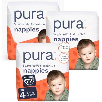 Pura Pannolini per Bambini Taglia 4, 72 pezzi, 8-14kg, Pelle Sensibile e Ipoallergenica, Senza Tossine*, Blowout Blocker™, Fino a 12h Protezione Perdite Pura Pannolini per Bambini Taglia 4, 72 pezzi, 8-14kg, Pelle Sensibile e Ipoallergenica, Senza Tossine*, Blowout Blocker™, Fino a 12h Protezione Perdite
