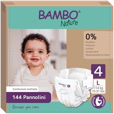 Bambo Nature Pannolini Taglia 4 (7-14 kg) 144 pz Scatola Mensile Premium, Migliore protezione dalle perdite, Massimo comfort per neonati, Dermatologicamente testati Bambo Nature Pannolini Taglia 4 (7-14 kg) 144 pz Scatola Mensile Premium, Migliore protezione dalle perdite, Massimo comfort per neonati, Dermatologicamente testati