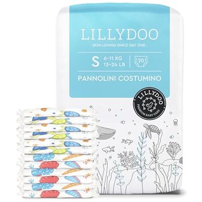 LILLYDOO Pannolini costumino monouso, delicati sulla pelle, per bambini taglia S (6+ kg), leggeri e traspiranti, per avventure in acqua, con 2 fantasie marine "Shell Yeah" & "Tiny Turtles", 20 pezzi LILLYDOO Pannolini costumino monouso, delicati sulla pelle, per bambini taglia S (6+ kg), leggeri e traspiranti, per avventure in acqua, con 2 fantasie marine "Shell Yeah" & "Tiny Turtles", 20 pezzi