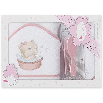 Interbaby Asciugamano con cappuccio per neonato OSITO BAÑERA in bianco e rosa con Set de Spazzola e Pettine 900 g Interbaby Asciugamano con cappuccio per neonato OSITO BAÑERA in bianco e rosa con Set de Spazzola e Pettine 900 g