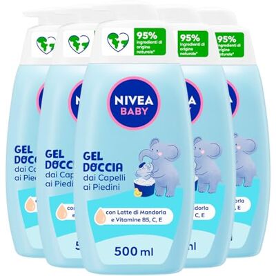 NIVEA Baby Detergente dai Capelli ai Piedini Shampoo bambini Corpo e Capelli Docciashampoo delicato e ipoallergenico Detergente con Calendula Naturale 5 Flaconi da 500ml NIVEA Baby Detergente dai Capelli ai Piedini Shampoo bambini Corpo e Capelli Docciashampoo delicato e ipoallergenico Detergente con Calendula Naturale 5 Flaconi da 500ml