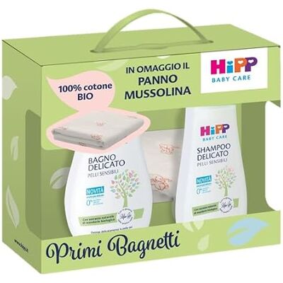 HiPP Baby Care, Cofanetto Mussolina con Bagno Delicato 350ml, Shampoo Delicato 200ml ed un Morbido Panno Mussolina 100% Cotone BIO HiPP Baby Care, Cofanetto Mussolina con Bagno Delicato 350ml, Shampoo Delicato 200ml ed un Morbido Panno Mussolina 100% Cotone BIO