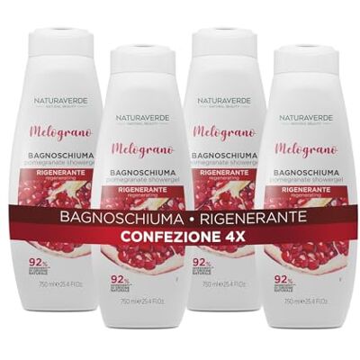 Naturaverde Natural Beauty Bagnoschiuma Melograno, Docciaschiuma Rigenerante, Ingredienti di Origine Naturale, 4 x 750ml Naturaverde Natural Beauty Bagnoschiuma Melograno, Docciaschiuma Rigenerante, Ingredienti di Origine Naturale, 4 x 750ml