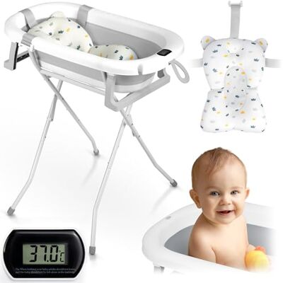 Ricokids Vasca da bagno per bambini con struttura termometro e cuscino da bagno, pieghevole, leggera, antiscivolo, colore: bianco e grigio Ricokids Vasca da bagno per bambini con struttura termometro e cuscino da bagno, pieghevole, leggera, antiscivolo, colore: bianco e grigio