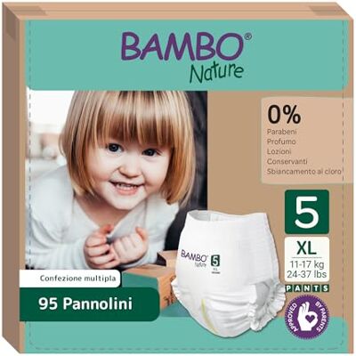 Bambo Nature Pannolini Taglia 5 (11-17 kg) 95 pz Pacco Mensile Pannolini a mutandina, Protezione dalle fuoriuscite migliorata, Massimo comfort per bambini attivi dermatologicamente testati Bambo Nature Pannolini Taglia 5 (11-17 kg) 95 pz Pacco Mensile Pannolini a mutandina, Protezione dalle fuoriuscite migliorata, Massimo comfort per bambini attivi dermatologicamente testati