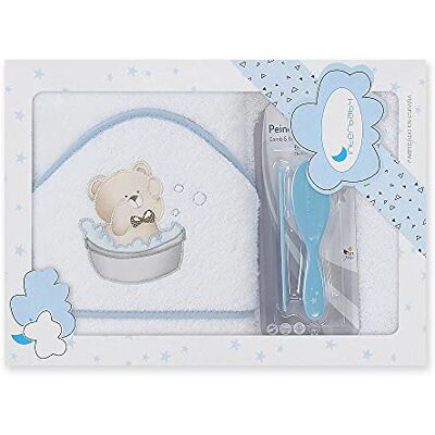 Interbaby Asciugamano con cappuccio per neonato OSITO BAÑERA in bianco e blu con Set de Spazzola e Pettine 900 g Interbaby Asciugamano con cappuccio per neonato OSITO BAÑERA in bianco e blu con Set de Spazzola e Pettine 900 g