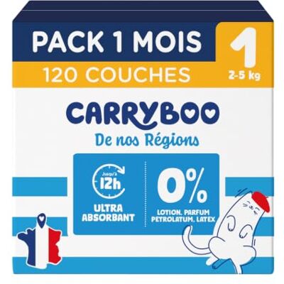 CARRYBOO Pannolini misura 1 (2-5 kg) sani e ultra assorbenti 12 ore anti perdite Senza sostanze indesiderate Made in France Prezzo accessibile 120 pannolini usa e getta Confezione 1 CARRYBOO Pannolini misura 1 (2-5 kg) sani e ultra assorbenti 12 ore anti perdite Senza sostanze indesiderate Made in France Prezzo accessibile 120 pannolini usa e getta Confezione 1