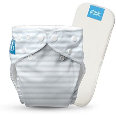 Charlie Banana Pannolino in tessuto riutilizzabile con inserto assorbente, lavabile, tipo tasca, con bottoni, taglia unica, regolabile, per neonati e bambini piccoli, a righe, blu, 1 pezzo Charlie Banana Pannolino in tessuto riutilizzabile con inserto assorbente, lavabile, tipo tasca, con bottoni, taglia unica, regolabile, per neonati e bambini piccoli, a righe, blu, 1 pezzo