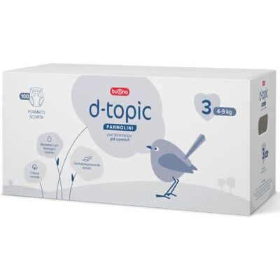 Buona D-Topic Pannolini Taglia 3, 4-9kg con Tecnologia pH Comfort Formato Scorta: 100 pz Dermatologicamente Testato, Cotone Naturale, Materiali Traspiranti Delicati sulla Pelle dei Bambini Buona D-Topic Pannolini Taglia 3, 4-9kg con Tecnologia pH Comfort Formato Scorta: 100 pz Dermatologicamente Testato, Cotone Naturale, Materiali Traspiranti Delicati sulla Pelle dei Bambini