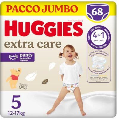 Huggies Extra Care Mutandine, Ultra assorbente, Taglia 5 (12-17 Kg), Pacco Mega, 68 Pz Huggies Extra Care Mutandine, Ultra assorbente, Taglia 5 (12-17 Kg), Pacco Mega, 68 Pz