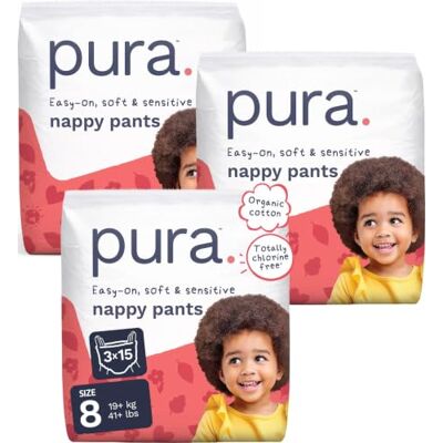 Pura Mutandina Eco Taglia 8 (19kg+), 3 x 15 pannolino, usa e getta per pelli sensibili e inclini alle allergie, ipoallergenici Pura Mutandina Eco Taglia 8 (19kg+), 3 x 15 pannolino, usa e getta per pelli sensibili e inclini alle allergie, ipoallergenici