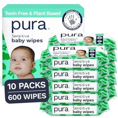 Pura Salviette Umidificate per Bambini, Multipack da 600 Pezzi, Extra Morbide, 3 Strati, 99% Acqua, Senza Plastica, Vegane, Senza Sostanze Tossiche, per Pelle Sensibile e a Tendenza Eczematosa Pura Salviette Umidificate per Bambini, Multipack da 600 Pezzi, Extra Morbide, 3 Strati, 99% Acqua, Senza Plastica, Vegane, Senza Sostanze Tossiche, per Pelle Sensibile e a Tendenza Eczematosa