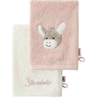 Sterntaler Emmi Girl Donkey Set di 2 guanti da bagno Flora Rose in tinta unita con ricamo e scritta logo Sterntaler Emmi Girl Donkey Set di 2 guanti da bagno Flora Rose in tinta unita con ricamo e scritta logo