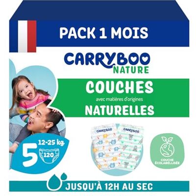 CARRYBOO Pannolini misura 5 (12-25 kg) Pelle sensibile Naturale e ultra assorbente 12 ore a prova di perdite Senza ingredienti indesiderati Made in France 120 strati Confezione 1 mese CARRYBOO Pannolini misura 5 (12-25 kg) Pelle sensibile Naturale e ultra assorbente 12 ore a prova di perdite Senza ingredienti indesiderati Made in France 120 strati Confezione 1 mese