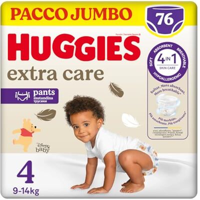 Huggies Extra Care, Mutandine Taglia 4 (7-18 Kg), Ultra assorbente, Pacco Mega, 76 Pz Huggies Extra Care, Mutandine Taglia 4 (7-18 Kg), Ultra assorbente, Pacco Mega, 76 Pz