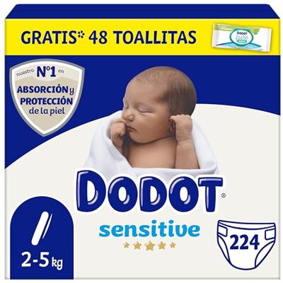 DODOT Pannolini Baby Sensitive, taglia 1 (2-5 kg), 224 pannolini + 40 salviette Aqua Pure 99% acqua, fino a 12 ore di protezione anti-perdite e cura della pelle, confezione mensile DODOT Pannolini Baby Sensitive, taglia 1 (2-5 kg), 224 pannolini + 40 salviette Aqua Pure 99% acqua, fino a 12 ore di protezione anti-perdite e cura della pelle, confezione mensile