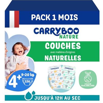 CARRYBOO Pannolini taglia 4+ (9-20kg) Pelle sensibile Naturale e ultra assorbente 12 ore a prova di perdite Senza ingredienti indesiderati Made in France 126 strati Confezione 1 mese CARRYBOO Pannolini taglia 4+ (9-20kg) Pelle sensibile Naturale e ultra assorbente 12 ore a prova di perdite Senza ingredienti indesiderati Made in France 126 strati Confezione 1 mese