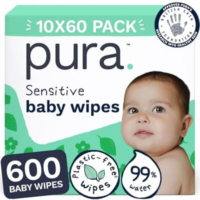 Pura Salviette Umidificate per Bambini, Multipack da 600 Pezzi, Extra Morbide, 3 Strati, 99% Acqua, Senza Plastica, Vegane, Senza Sostanze Tossiche, per Pelle Sensibile e a Tendenza Eczematosa Pura Salviette Umidificate per Bambini, Multipack da 600 Pezzi, Extra Morbide, 3 Strati, 99% Acqua, Senza Plastica, Vegane, Senza Sostanze Tossiche, per Pelle Sensibile e a Tendenza Eczematosa