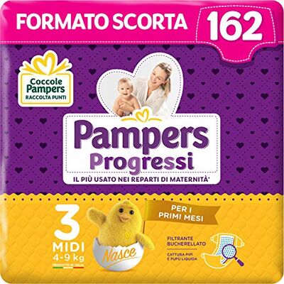 Pampers Progressi Midi, 162 Pannolini, Taglia 3, 4-9 Kg Pampers Progressi Midi, 162 Pannolini, Taglia 3, 4-9 Kg