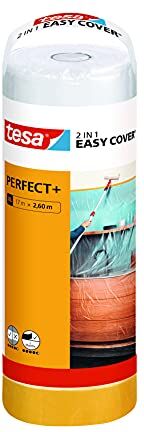 Tesa Easy Cover Perfect+ Ricarica M, Ricarica 2in1 con pellicola e nastro adesivo in carta Washi, Per mascherare e coprire durante i lavori di pittura, 17 m x 2,60 m