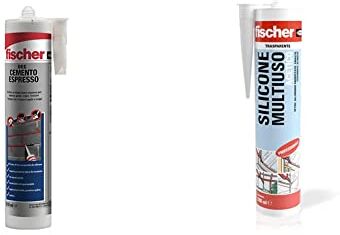 Fischer Dec Cemento Espresso, Sigillante Per La Riparazione E Riempimento Di Crepe Giunti Interni & Silicone Acetico Multiuso SAM 280 Trasparente, Sigillante Antimuffa per Vetro, Alluminio