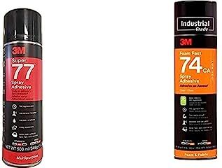 3M Adesivo Spray 74 Colla Spray per Tappezzeria e Schiume, Permanente, 500 ml, 1 Pezzo & Adesivo Spray Super 77 Colla Universale Trasparente ad Asciugatura Rapida, Permanente, 500 ml, 1 Pezzo