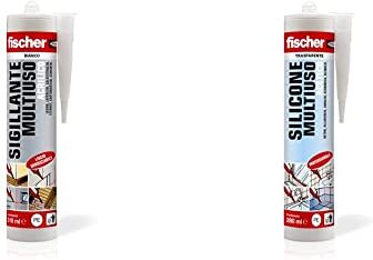 Fischer Sigillante Multiuso Acrilico SA 310 Bianco, Ottimo per Supporti Porosi, Muro, Legno, Cartongesso & Silicone Acetico Multiuso SAM 280 Trasparente, Sigillante Antimuffa per Vetro, Alluminio