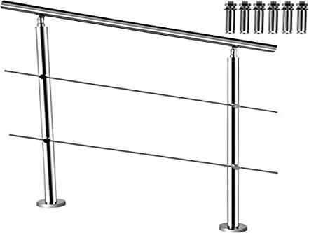 BuoQua Ringhiera per Scale Interne ed Esterne in Acciaio Inossidabile, Corrimano Scala a 2 Barre Trasversali da 100 cm x 107 cm, Balaustra Parapetto Uso su Balconi e Cortili, Argento