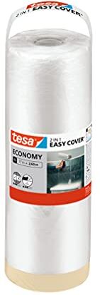 Tesa Easy Cover Film ECONOMY, Telo Copritutto per Pittura 2 in 1 con Biadesivo in Carta, 17 m x 260 cm