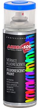 Ambro-Sol Smalto / Vernice Finiture Speciali Fluorescenti, Ideale per Materiali che si Trovano all’Interno Abitazioni, Bomboletta Spray in Banda Stagnata Riciclabile 400 ml, Blu