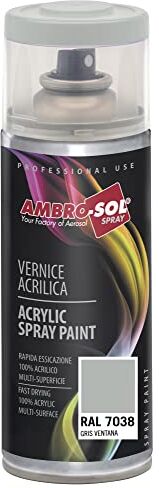 Ambro-Sol Smalto Acrilico Multiuso, Vernice Brillante per Interni ed Esterni, Adatto per Qualsiasi Tipo di Materiale, Bomboletta Spray in Banda Stagnata Riciclabile 400 ml, Grigio Finestra