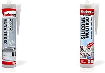 Fischer Sigillante Asciugatura Rapida SA RAPID COLOR Bianco, Finitura Liscia, Acrilico, Elastico, Verniciabile, 552336 & Silicone Acetico Multiuso SAM 280 Trasparente, Sigillante Antimuffa