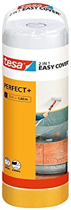 Tesa Easy Cover Perfect+ Ricarica M, Ricarica 2in1 con pellicola e nastro adesivo in carta Washi, Per mascherare e coprire durante i lavori di pittura, 33 m x 1,40 m