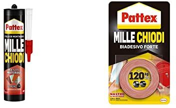 Pattex Mille Chiodi Extreme, Forte Adesivo Di Montaggio, Colla Forte Per Interni E Esterni & Millechiodi Tape, Nastro Biadesivo Extra Forte Per Applicazioni Permanenti, Nastro Adesivo