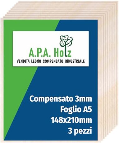 Generico APA Holz Compensato di Betulla  mm, Foglio A5, Pannelli Multistrati di Betulla, Compensato Legno Qualità Professionale B/BB, Bricolage, Pirografia, Traforo, Legno da Decorare 148x210 mm Pezzi