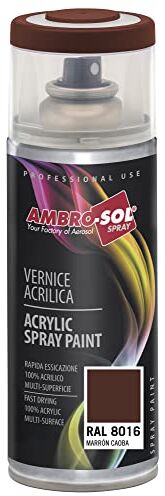 Ambro-Sol Smalto Acrilico Multiuso, Vernice Brillante per Interni ed Esterni, Adatto per Qualsiasi Tipo di Materiale, Bomboletta Spray in Banda Stagnata Riciclabile 400 ml, Marrone Mogano