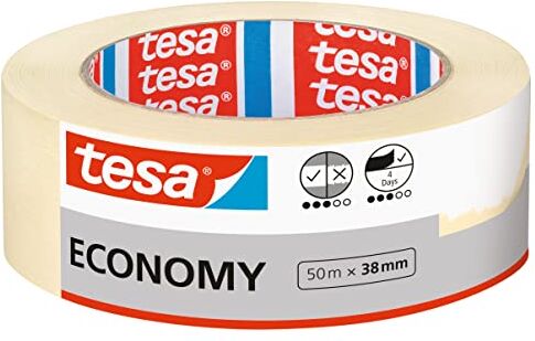 Tesa Nastro per Mascheratura ECONOMY EcoLogo, Nastro in Carta per Mascheratura, Rimozione senza Residui per 4 Giorni, senza Solventi, Sottile, 50 m x 38 mm