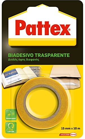 Pattex Biadesivo Trasparente Universale, Basso Spessore, Eccellente Adesione su Carta, Cartone, Legno, Plastica, Materiali Flessibili e su Tutte le Superfici Lisce, Per Foto e Album, 15mmx10m