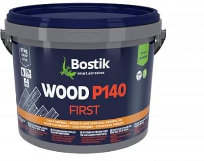 Bostik WOOD P140 FIRST Adesivo in poliuretano monocomponente per parquet, facile applicazione, applicabile su pavimenti radianti, traffico in 24 ore, interno, barattolo da 21 kg (3 x 7 kg)