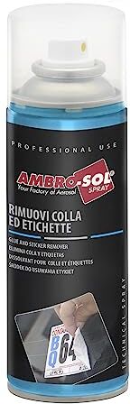 Ambro-Sol Rimuovi Colla ed Etichette, a Base di Solventi e Polimeri Sintetici, Bomboletta Spray in Banda Stagnata Riciclabile 200 ml, bianco tenue