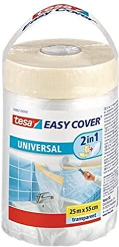 Tesa Easy Cover Film UNIVERSALE, Telo Copritutto per Pittura 2 in 1 con Biadesivo in Carta, 25 m x 55 cm