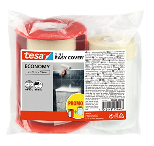 Tesa Easy Cover Film ECONOMY, Telo Copritutto per Pittura 2 in 1 con Biadesivo in Carta, 2x 20 m x 55 cm